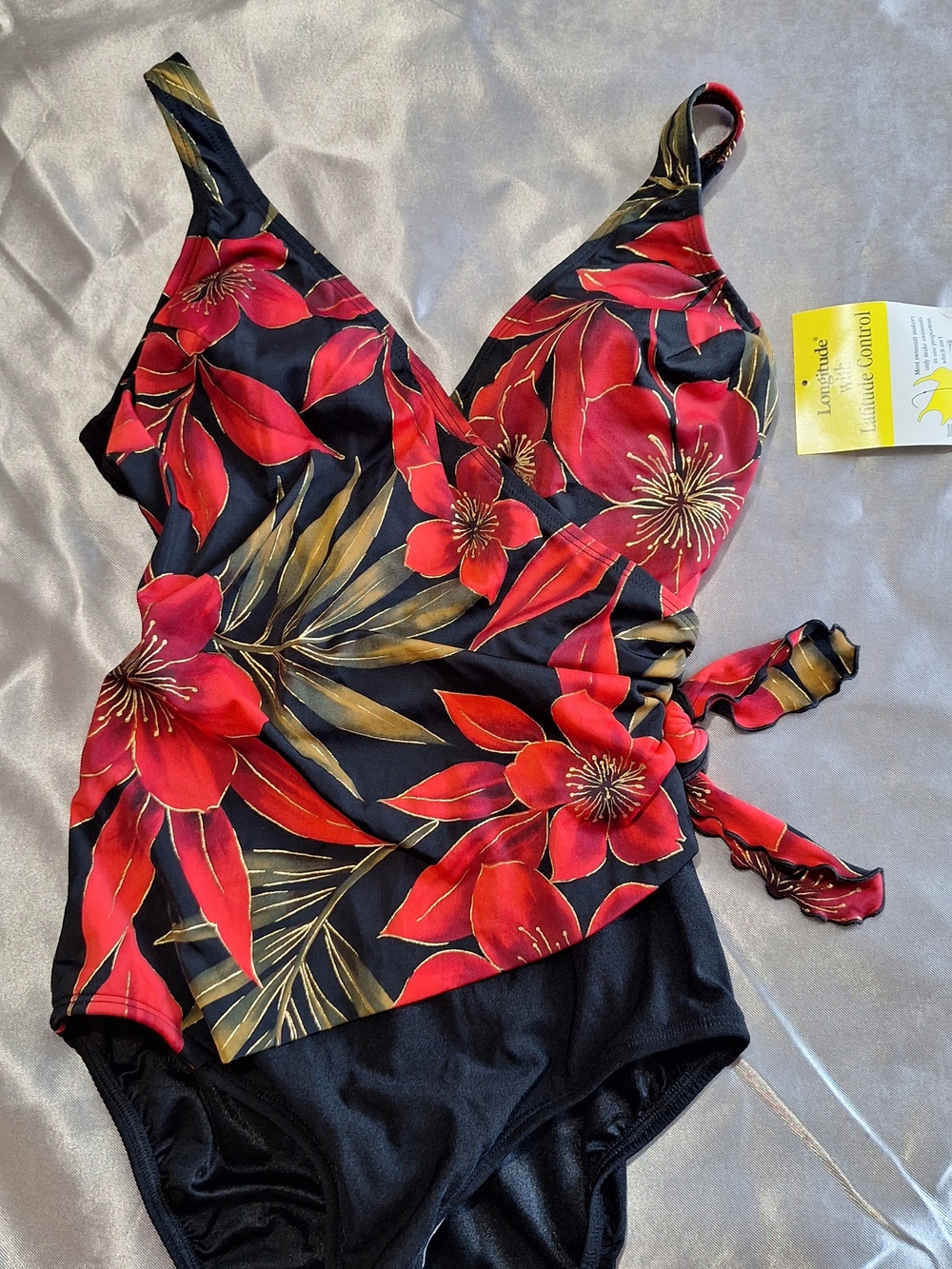 Longitude Women's One Piece Swimsuit Black Red Gold Floral Hibiscus print Sz 12